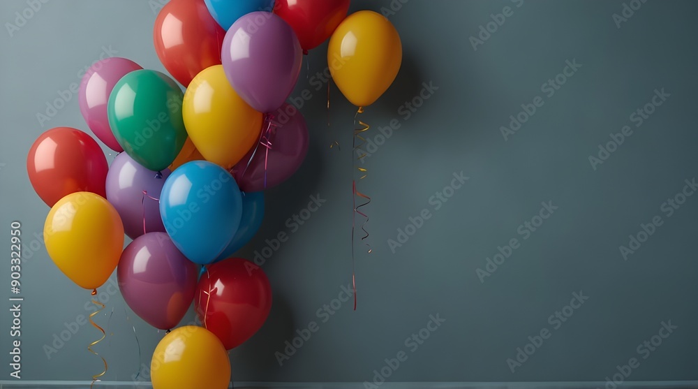 Bright balloons alone on a blank blue wall backdrop with text space Bright balloons alone on a blank blue wall backdrop with text space