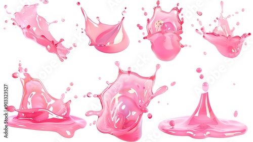 Pink splash shapes flying on a white background