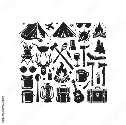 Camping elements set silhouette vector