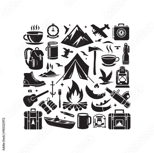 Camping elements set silhouette vector