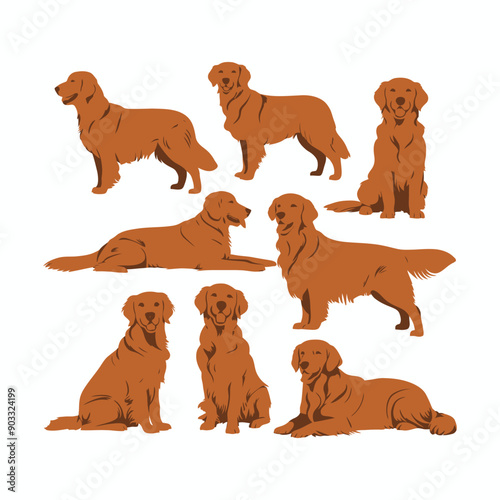 Golden Retriever dog silhouette set animals vector template