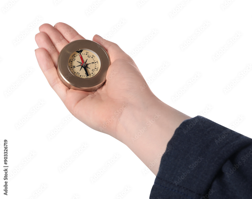 Woman holding compass on white background, closeup Woman holding compass on white background, closeup