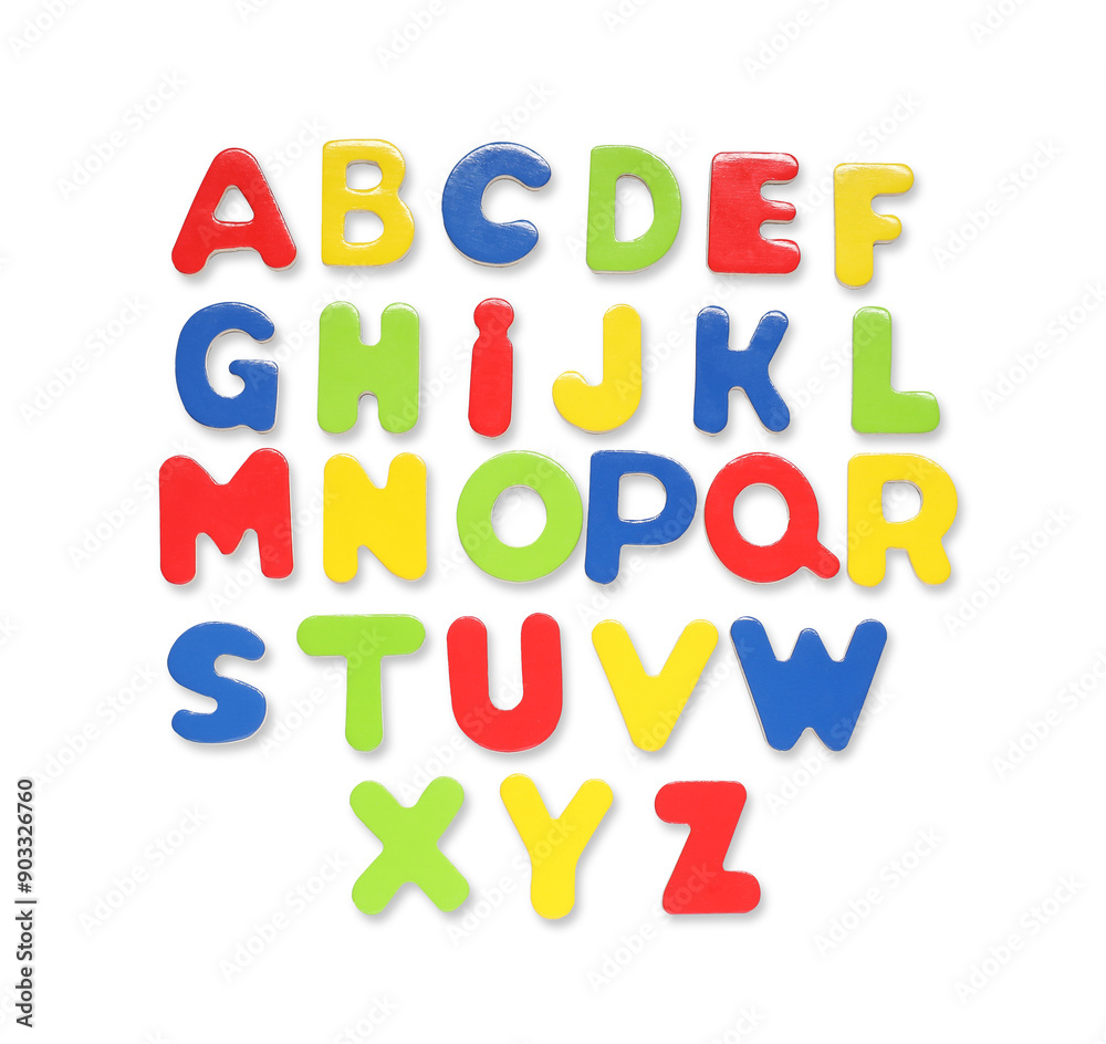 Alphabet. Many colorful magnetic letters isolated on white, top view Alphabet. Many colorful magnetic letters isolated on white, top view