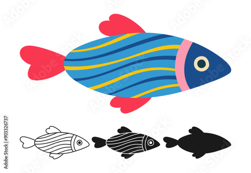 Ocean fish linear icon, abstract cartoon symbol set. Exotic colorful childish sea fish with hand drawn doodle pattern. Sign aquarium fishes silhouette shape or doodle art. Vector graphic illustration
