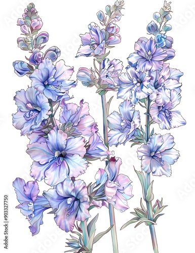 Beautiful larkspur coloring page with colorful flowers and pencils.