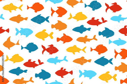 Sea fish silhouette cartoon seamless pattern. Abstract shape marine fish kids boundless background. Tuna salmon or aquarium fishes simple endless design for paper print fabric textile wrapper template