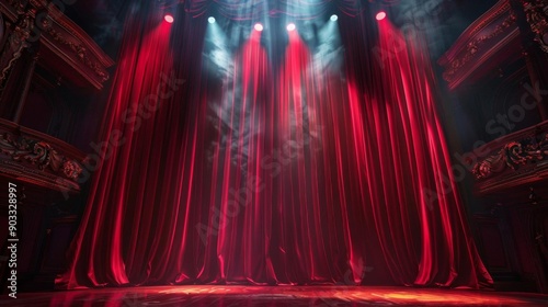Red velvet theater curtains illuminated by spotlights