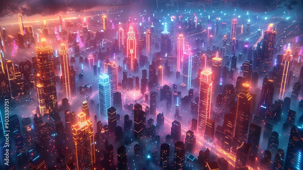 Aerial view at cityscape with skyscrapers lit in neon colors. Aerial view at cityscape with skyscrapers lit in neon colors.