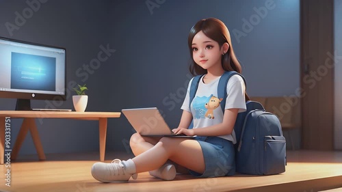 rendered cute girl sit crossed legs hold laptop studying and pointing up girl Illustrations seamless loop animation