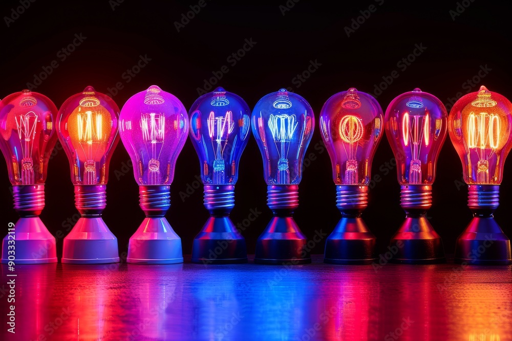 Row of colorful brain shaped light bulbs on a reflective surface showcasing creativity and diversity. Row of colorful brain shaped light bulbs on a reflective surface showcasing creativity and diversity.