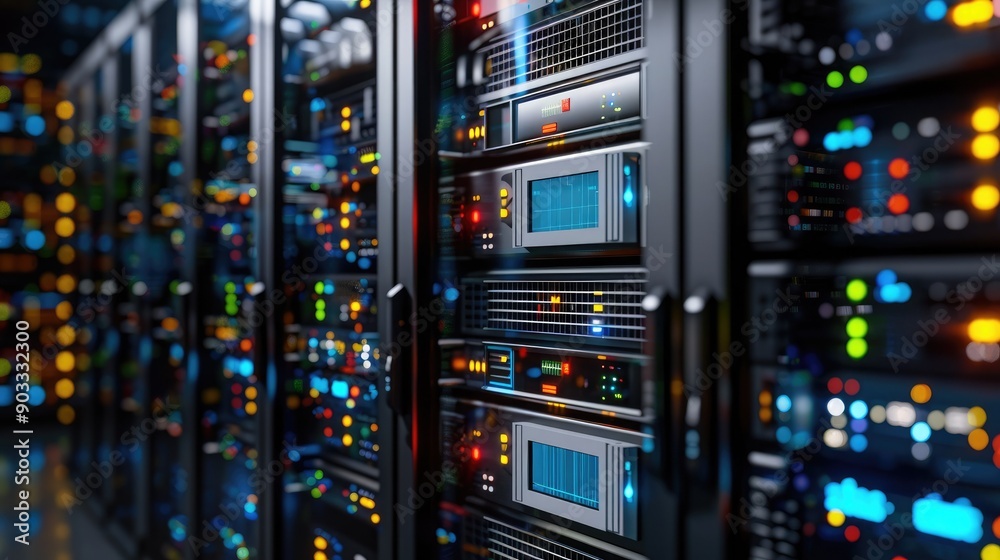 Close-up of server racks with colorful lights in a modern data center, showcasing powerful technology and advanced computing systems. Close-up of server racks with colorful lights in a modern data center, showcasing powerful technology and advanced computing systems.