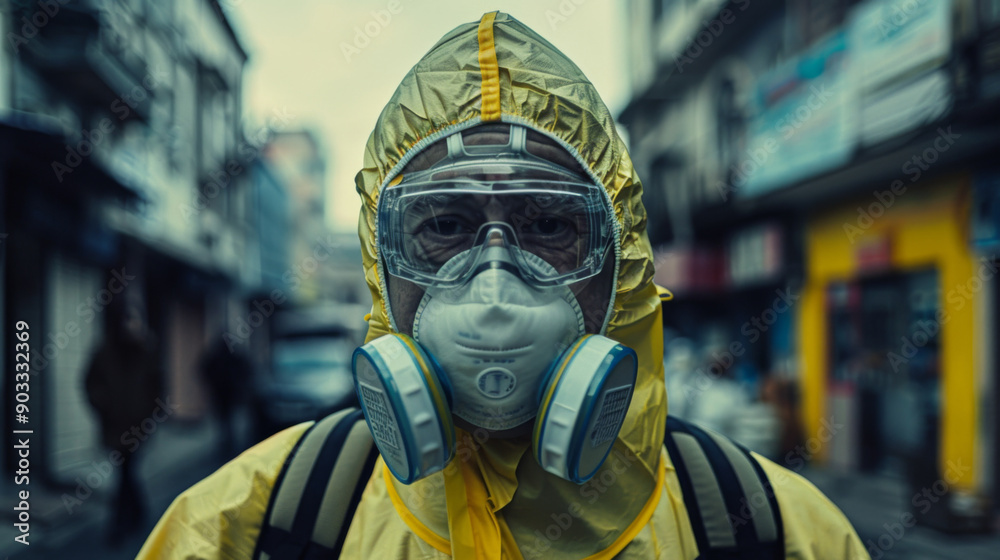 Individual in full protective hazmat suit and mask walking down an urban street, highlighting safety and pandemic themes. Individual in full protective hazmat suit and mask walking down an urban street, highlighting safety and pandemic themes.