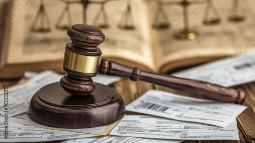 Wooden gavel on top of legal documents with scales of justice in the background, symbolizing law, justice, and legal procedures.