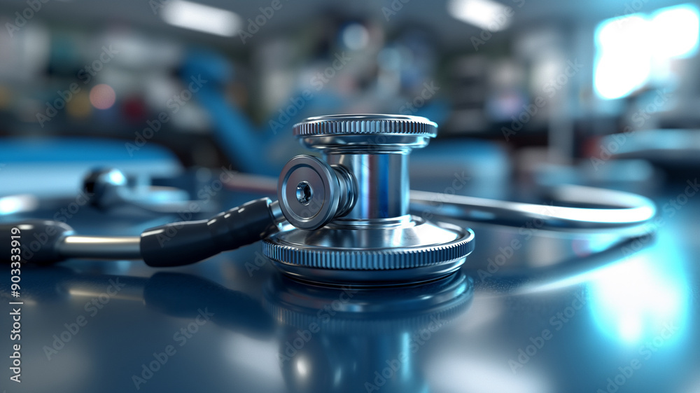 Stethoscope placed on a reflective blue surface in a medical office. Stethoscope placed on a reflective blue surface in a medical office.
