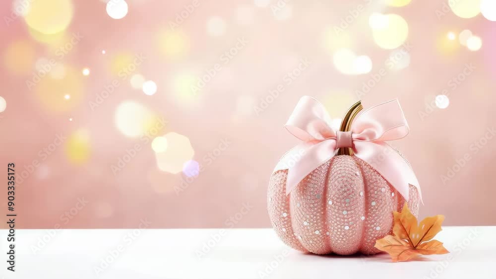 Cute pink little pumpkin with ribbon bow for little girl on light background with shining lights and bokeh. Idea for DIY craft pumpkin decor for Halloween. Trick or Treat. Peach fuzz color. Cute pink little pumpkin with ribbon bow for little girl on light background with shining lights and bokeh. Idea for DIY craft pumpkin decor for Halloween. Trick or Treat. Peach fuzz color.