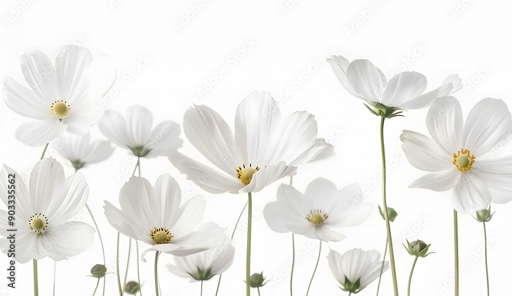 Naklejka premium A beautiful bouquet of white cosmos flowers arranged gracefully on a clean background, showing delicate petals and a peaceful, soft-focus look.