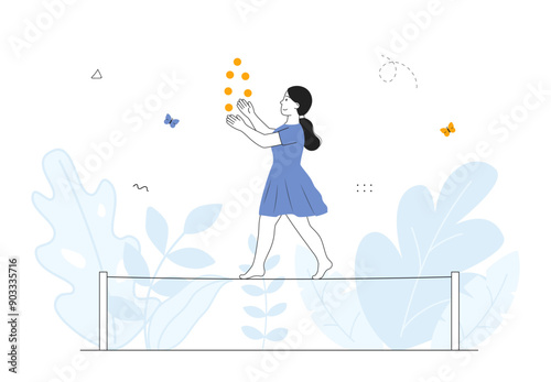 Rope walker woman. Young girl walks along rope and juggles balls. Acrobat performs in circus. Entertainment, fun and leisure. Risk and balance. Linear vector illustration