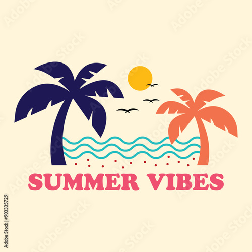 Summer Vibes logo waves and palm, beach hand sketch graphic print design for t-shirt prints, stickers, poster backgrounds, beach trendy banners.