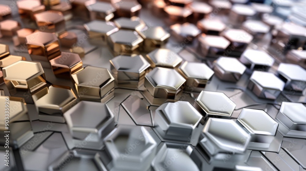 3D background with hexagons in various materials like glass, metal, and stone 3D background with hexagons in various materials like glass, metal, and stone