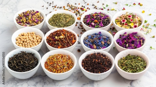 Assorted herbal tea leaves and botanicals in white bowls on marble surface. Colorful and aromatic ingredients for healthy beverages or cooking.