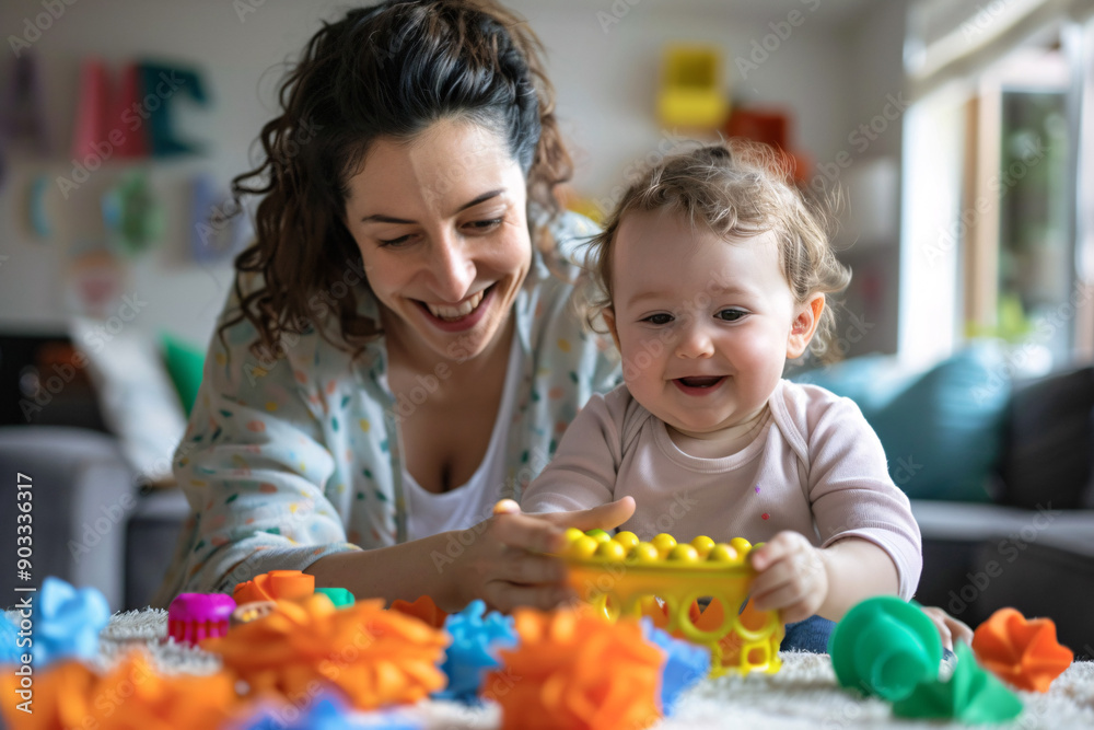 Parent and child engaging in creative play with colorful toys, fostering imagination and bonding time