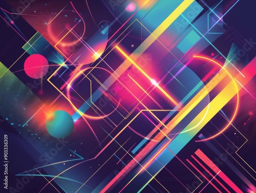 Bright abstract background with neon lines and geometric shapes