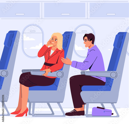 Woman with aerophobia. Frightened young girl sits in cockpit of airplane. Mental and psychological problems. Person suffer from panic attack inside plane. Flat vector illustration