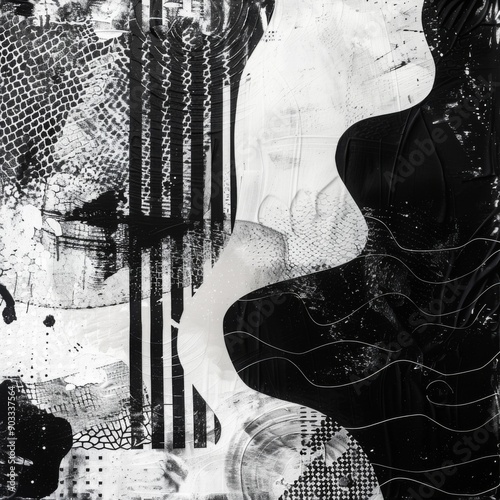 Monochrome abstract design with black and white patterns and textures