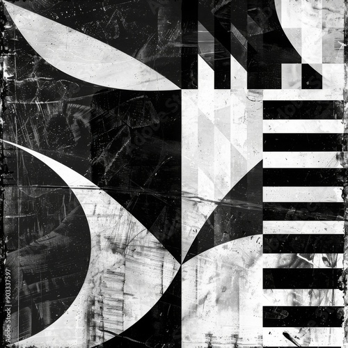 Monochrome abstract design with black and white patterns and textures