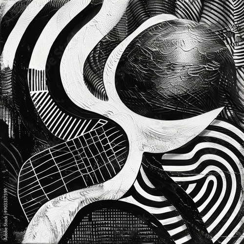 Monochrome abstract design with black and white patterns and textures