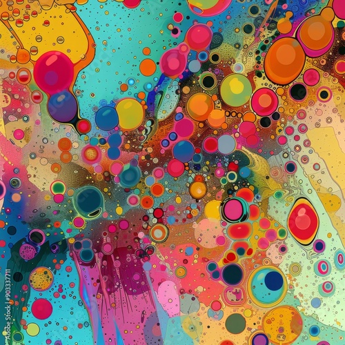 Playful abstract design with colorful bubbles and pop art influence