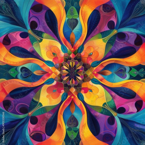 Vibrant abstract design with kaleidoscopic patterns and bright colors