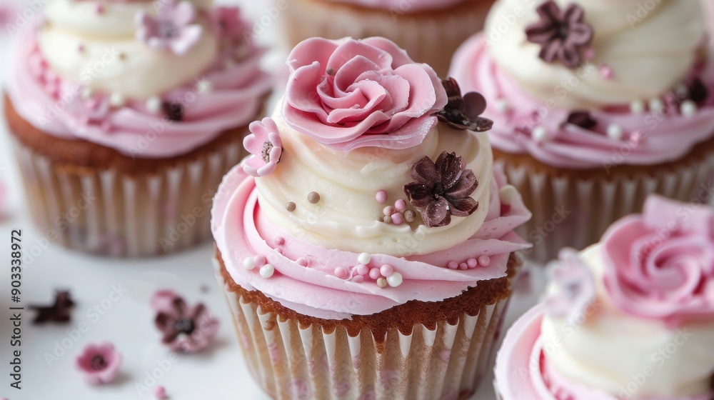 Decorative Cupcakes with Pink and White Frosting Decorative Cupcakes with Pink and White Frosting