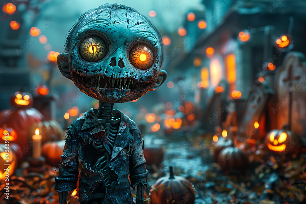 A funny 3D cartoon zombie stands in the center with a background of spider webs, pumpkins, graves, and burning candles, creating a dark but festive Halloween atmosphere A funny 3D cartoon zombie stands in the center with a background of spider webs, pumpkins, graves, and burning candles, creating a dark but festive Halloween atmosphere