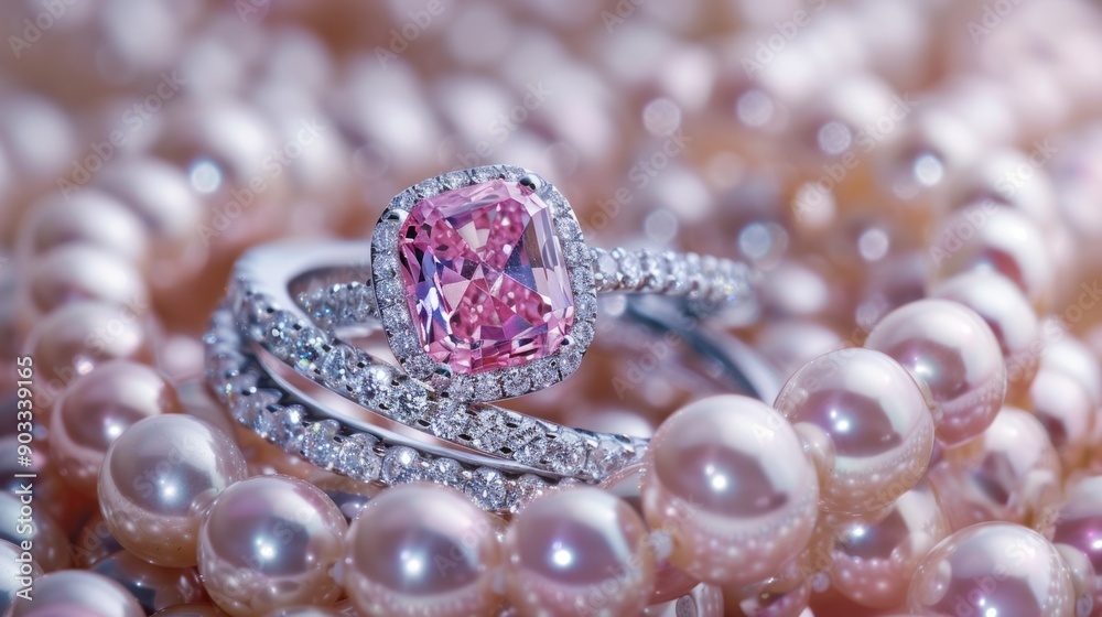 Sparkling Pink Diamond Ring on Pearls