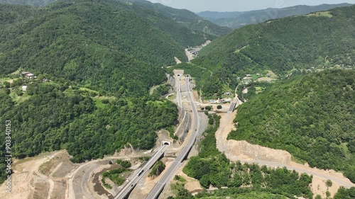 Aerial view of new road through Rikoti pass. Drone shot above highway in mountains of Georgia 2024 summer photo