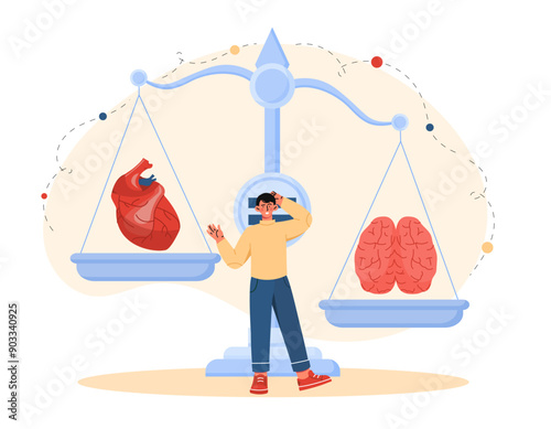 Brain or heart. Woman stands near scales. Comparison of emotional and logical decisions. Intelligence verus empathy, EQ vs IQ. Flat vector illustration