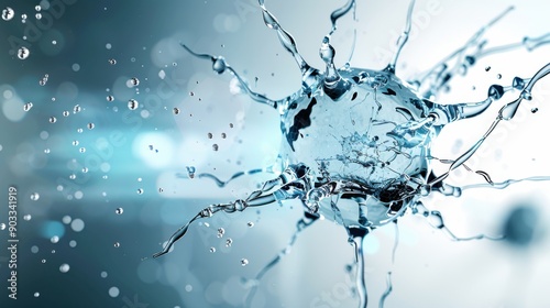 Close up scientific illustration of a transparent nanoparticle macrophage with short, rounded tendrils extending from its watery sphere. 