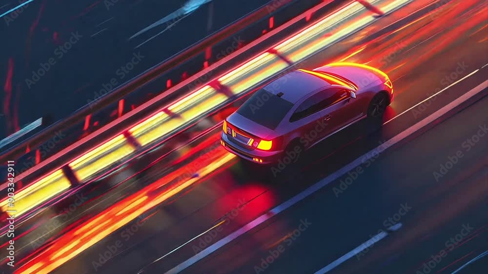 Tracking a generic car driving down the freeway from an isometric perspective at night. Tracking a generic car driving down the freeway from an isometric perspective at night.