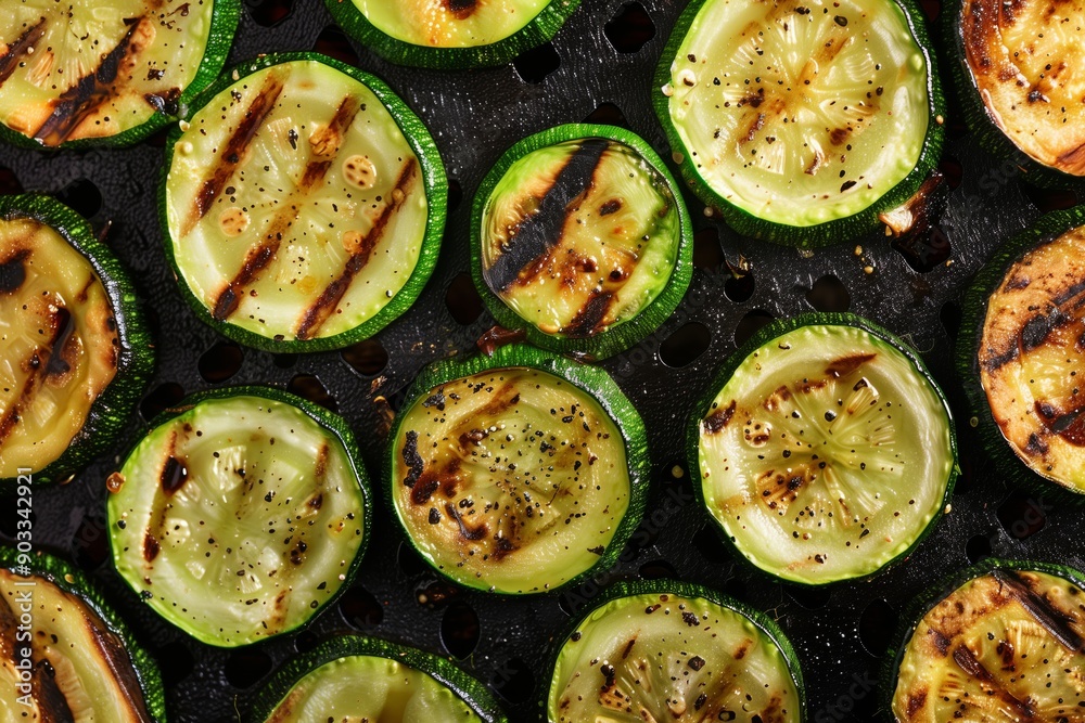 Close-up of grilled zucchini slices showing golden brown marks and a juicy texture. Zucchini slices with a slightly smoky flavor. Close-up of grilled zucchini slices showing golden brown marks and a juicy texture. Zucchini slices with a slightly smoky flavor.