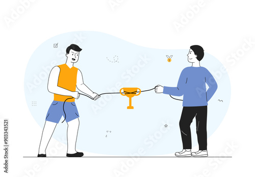 People tug of war. Men pull rope with cup. Competition and tournament. Metaphor of competing entrepreneurs. Rival and challenge, battle. Linear vector illustration