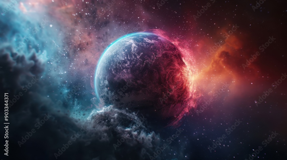 Naklejka premium Stunning Cosmic Scene of a Vibrant Planet Surrounded by Colorful Nebulae and Stars in Deep Space