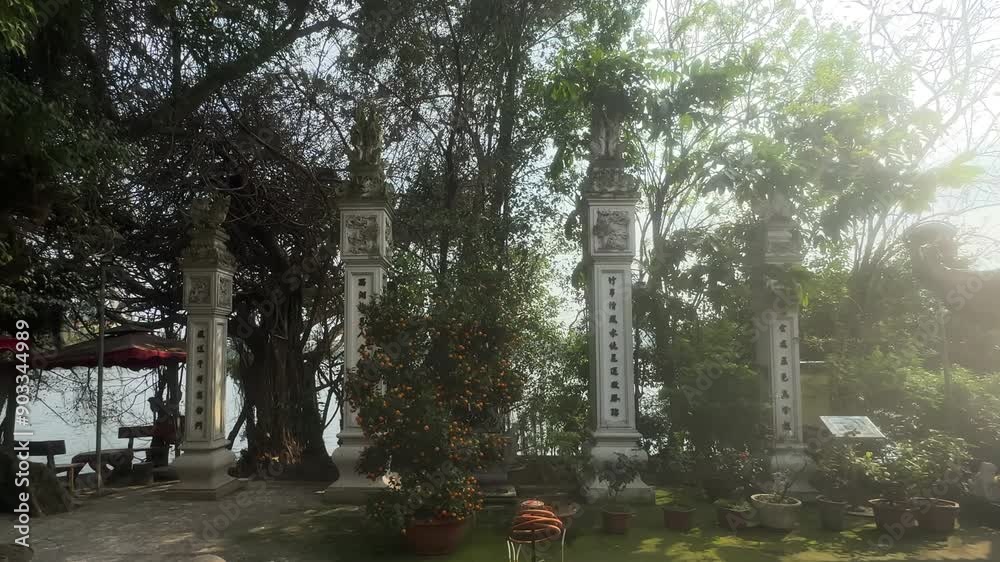 Garden in a temple complex. Buddhist temple gardens. Thuy Trung Tien temple. Truc Bach Lake. Ha Noi, Vietnam.