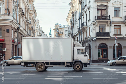 A white box truck navigating through an urban setting, illustrating commercial transport and city logistics