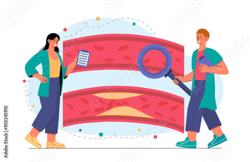Doctors with cholesterol plaques. Man and woman in medical suits with magnifying glasses studying arteries. Vessel in arteries with blood. Flat vector illustration