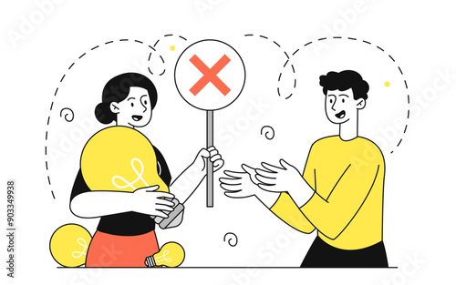 People with plagiarism. Man tries to steal woman light bulb. Copyright infringement and intellectual property theft. Danger and threat. Linear vector illustration