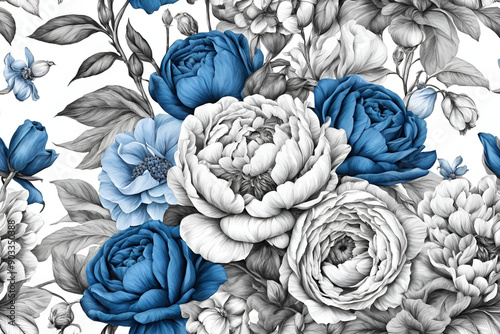 Seamless vvintage pattern with bouquet of blue flowers on a white background. Peonies, roses, sweet peas, bell. Monochrome photo