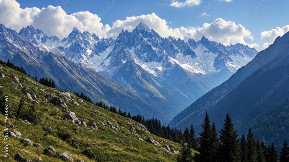 Majestic mountain landscape under a clear sky Majestic mountain landscape under a clear sky