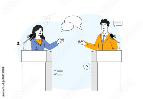 Political debate concept. Man and woman stand behind stands with microphone. Orators at public speaking. People with preelection campaign. Linear vector illustration