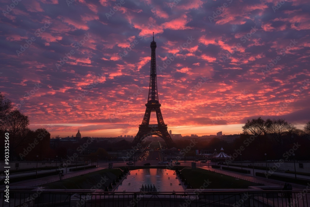 Obraz premium Silhouette of the Eiffel Tower against a vibrant sunset, highlighting the iconic Paris landmark and its romantic appeal.